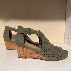 Olive Green Perforated Wedge Sandals - Women's Dressy Comfort
